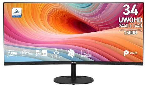 msi PRO MP341CQ E12 34-inch VA 3440 x 1440(UWQHD) Computer Monitor, 120Hz, Adaptive-Sync, HDMI, DisplayPort, VESA Mountable, Speaker, 1ms, Black