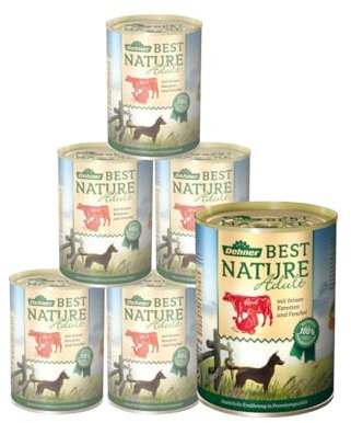 Dehner Best Nature Hundefutter, Nassfutter getreidefrei, für ausgewachsene Hunde, Rind / Pute / Karotten, 6 x 400 g Dose (2.4 kg)