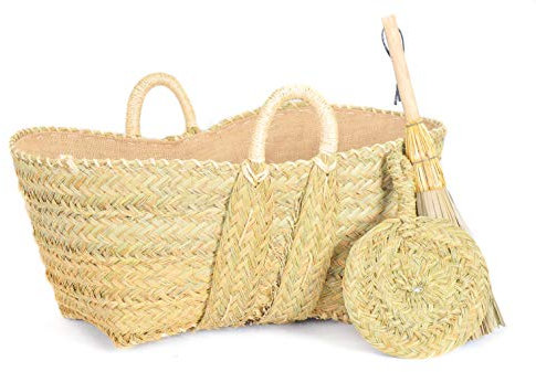 Cestería Aparici - Leñero de Esparto FORRADO (Yute/Arpillera) con Escobilla y Aventador. Cesto Mediano Premium para Chimenea y Almacenaje Decorativo Rústico. (60x38x30 cm, Ref. 7149-2).