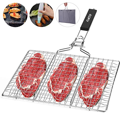 ACMETOP Portable BBQ Grill Basket, Stainless Steel Fish Grill Basket with Removable Handle, Perfect for Grilling Vegetables, Fishes, Shrimp - Bonus a Grill Mat, Sauce Brush and Carrying Pouch (M)
