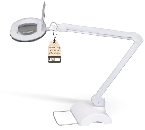 Lumeno 8615GR Lupenleuchte Arbeitsplatzlampe mit großer ovalen Linse 110x150 mm, 60 LEDs in 2 Stufen dimmbar, perfekt als Lesehilfe, für die Kosmetik oder zum Löten, 5 Dioptrien grau mit Tischstativ