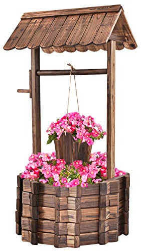 COSTWAY Pozzo da Giardino, Pozzo Decorativo, Legno d'Abete, Manovella Girevole, da Esterno, Marrone (Modello 1)