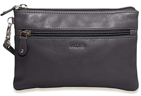 SADDLER Scarlett Leather Zip Top Mini Clutch - Multiple Colours & Sizes | Protects cards with RFID blocking technology, includes a detachable wristlet strap, and arrives packed in a gift box.