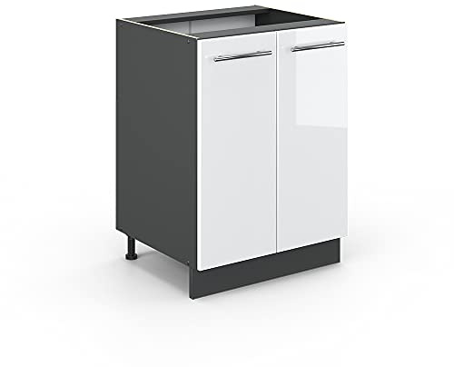 Vicco Küchenunterschrank Fame-Line, Weiß Hochglanz, 60 cm | MDF-Front · Ohne Arbeitsplatte · Höhenverstellbare Füße · Metallgriffe · Soft-Close