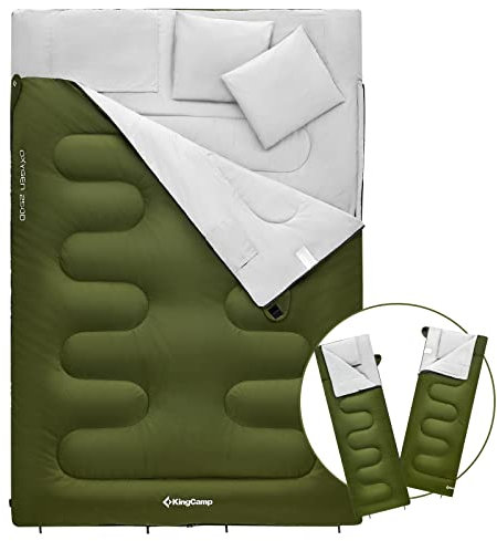 KingCamp Doppelschlafsack Schlafsack Deckenschlafsack Winter Erwachsene mit Kissen für 2 Personen und Tragetasche Angenehme Temperatur für Outdoor Camping, (Oliv)