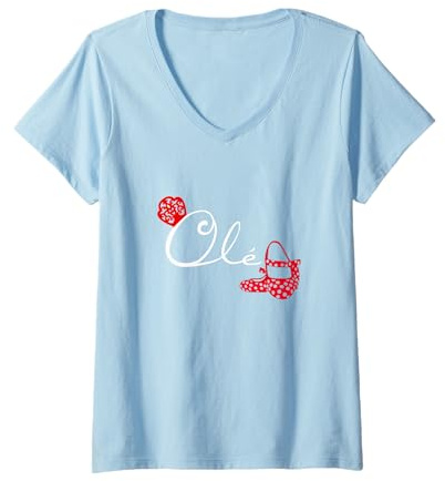 Womens Olé Flamenco Dancer Shoes Polka Dots and Red Fan Baile V-Neck T-Shirt