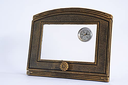 SEZAM Backofentür aus Gusseisen mit Thermometer 500 °C, hitzebeständige Glasscheibe, nach links öffnend, Pizzaofentür - Brotofen - Steinofentür, 37 x 6 x 31,5 cm - halbrund, altgoldfarbene Bemalung