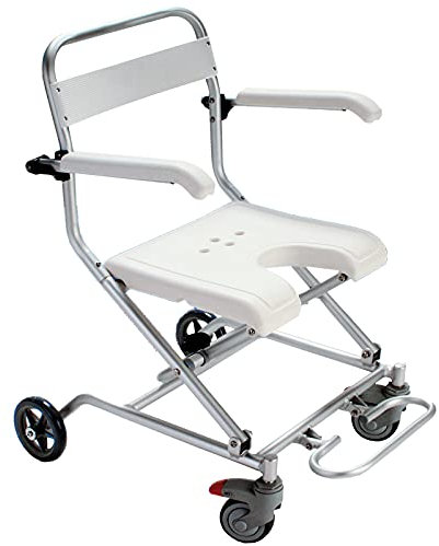 IELSH Duschhocker Duschstuhl Badehocker mit Rollen Klappbar für Senioren und Behinderte, Rollstuhl Faltbar Leicht Bis 150 Kg, Duschsitz mit Rückenlehne und Armlehnen, Weiß