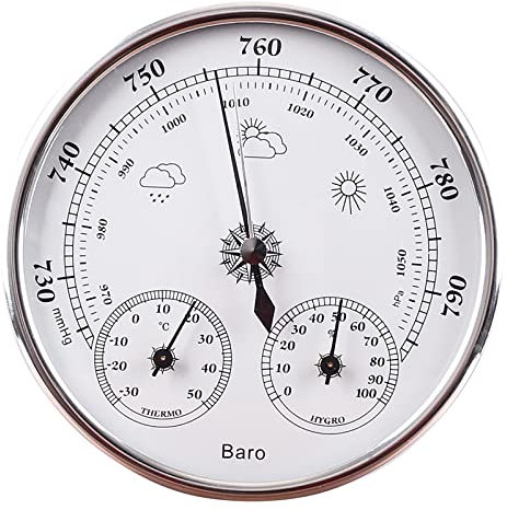 POKHDYE 3 En 1 Barómetro Colgante De Pared Barómetro Calidad Precisión Aneroide 128mm 3 En 1 Barómetro con Termómetro E Higrómetro Humedad Plata Pesca Al Aire Libre,Silver