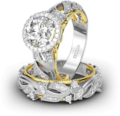 Jeulia 4 Karat Damen Ring 925 Sterling Silber Hochzeitssets Rose gold Rundschliff Halo Verlobungsring Weiß Diamantband CZ Solitaire ​Jahrestag Verlobungsring