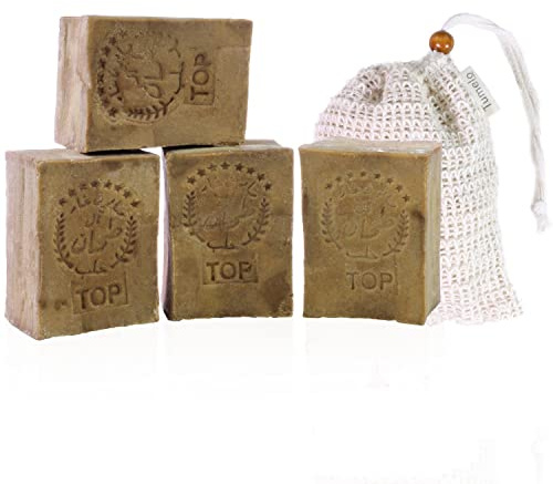 TUMELO Original Aleppo Seife 4 x 200g (800g) 70% Olivenöl 30% Lorbeeröl + Sisal Seifensäckchen, handgemachte Olivenölseife Naturseife