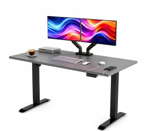 POKAR Höhenverstellbarer Schreibtisch Elektrisch 140x80 cm | Massive 25mm Platte | Memory-Panel mit USB-C und USB-A | Steh-Sitz-Tisch für Home Office | Gestell Schwarz, Platte Dunkelgrau