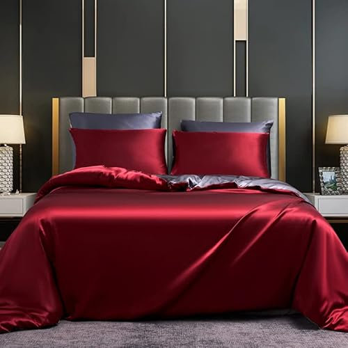 DXHOME Juego de ropa de cama de satén, 200 x 220 cm, seda satinada, brillante, rojo, burdeos, gris, monocolor, reversible, funda nórdica de seda con cremallera y 2 fundas de almohada de 80 x 80 cm