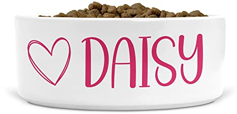 Personalised Ceramic Dog Bowl Heart - Ideal for Food & Water Bowls Size Medium-Large Dogs (Raspberry print, Text Style HA)