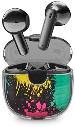 Music Sound | DRIP - Auricolare Bluetooth a capsula - Custodia Trasparente con Design Fantasie alla Moda - Playtime 19H - Comandi posti sugli auricolari - Fantasia Vernice Spray