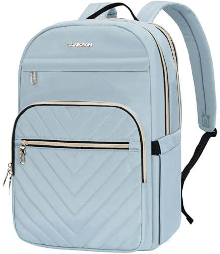 VANKEAN Laptopryggsäck för kvinnor, moderiktig, stilfull, rymmer 15,6 tums laptop, för arbete, med USB-port, vattentät, reseväskor, vardaglig, dagryggsäckar, för college, affärer, ljusblå
