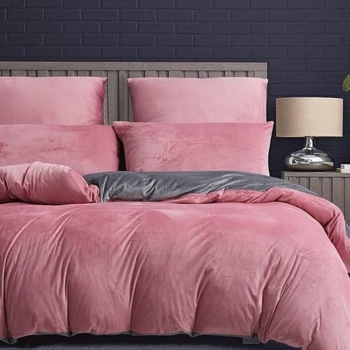 Luowei Ropa de cama cálida de 155 x 220 cm, color rosa y gris, forro polar, reversible, funda nórdica de invierno y 2 fundas de almohada de 80 x 80 cm con cremallera