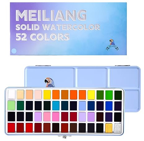 Paul Rubens MeiLiang Aquarellfarben-Set, 52 Farben, mit Zeichenstift, Pinsel, 5 Aquarellpapier, Schwamm, schwarzen Zeichenstiften, Künstlerbedarf für Erwachsene, Reise-Aquarell und blaue Box