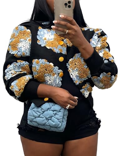 Yimoon Veste courte en polaire pour femme - Imprimé floral - Manches bouffantes - Manteau bomber universitaire boutonné - Vêtement d'extérieur d'automne, jaune, Medium