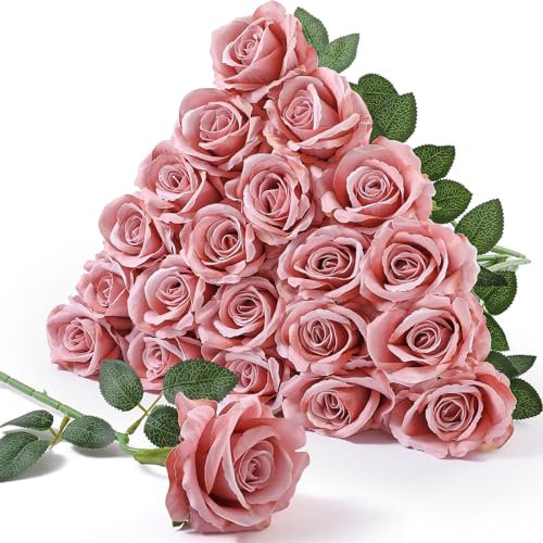 Serwalin 20pcs Velvet künstliche Seidenrosen, realistische Rosen mit langem Stiel, gefälschte Rosen Real Touch Bouquet für Home Decor, Hochzeit, Tisch Centrepiece und Weihnachten Tag