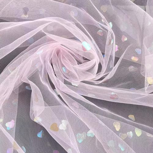 Whakano 1 m Glänzender Tüll Stoff mit Bunte Herz-Pailletten,Meterware, | 150 cm Breit,Dekostoff Herz Pailletten Tüll Rolle,zum Nähen Basteln,DIY Handwerken,Vorhänge Bühne Kostüm Kleid,Rosa