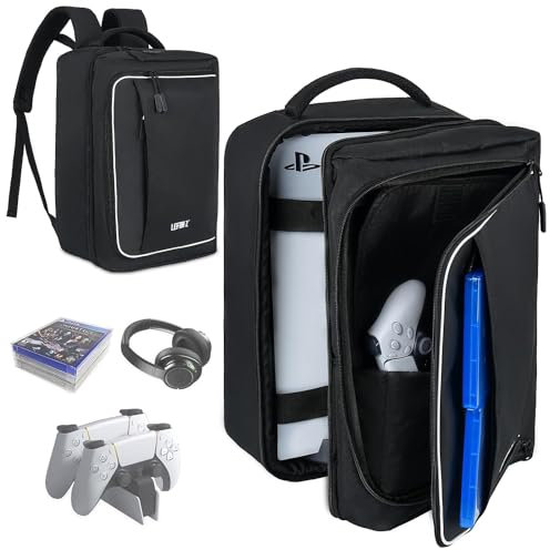 PS5 ryggsäcksväska, PS5 resväska, resekonsol ryggsäck kompatibel med PS5, bärväska förvaringsväska kompatibel med PlayStation5-konsol, kontroller, bildskärm, 15,6 tum bärbar dator, headset, laddare