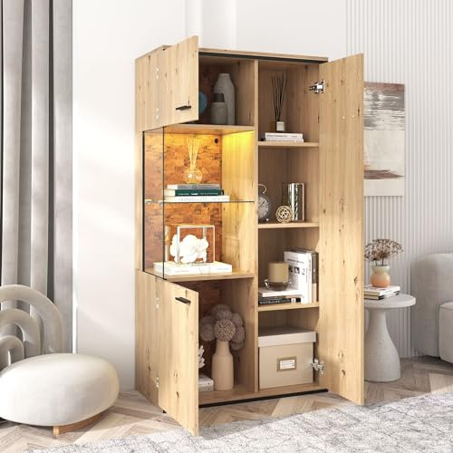 MQGPM Vitrine 52 x 40 x 155cm mit viel Stauraum, Vitrinenschrank Glasvitrine Retro Aufbewahrungsschrank Standvitrine Bücherschrank Hochschrank für Wohnzimmer Büro, Holzfarbe