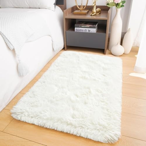 Oxford Homeware Rugs Living Room Small 50x80 cm – Fluffy Shaggy Cream Area Rugs for Bedroom, Lounge – Super Soft Non Slip Rug Washable Modern Floor Carpets Bedside Rug for Kids Room
