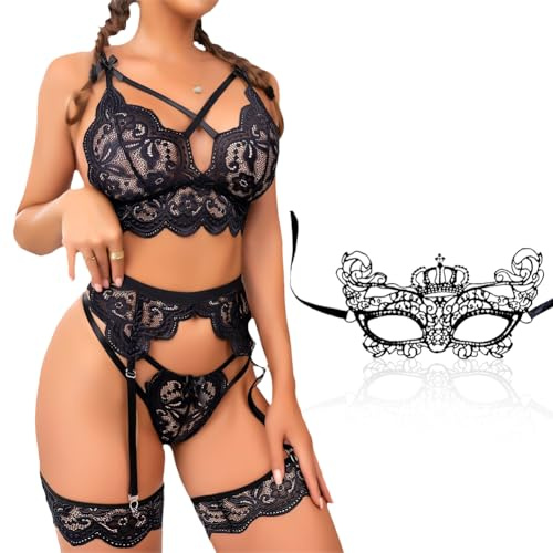 OZXVXZO Conjuntos de Lencería Sexy para Mujer, Ropa Interior con Liguero Encaje Sujetador y Máscara Sexy Body de Mujer de Encaje y Disfraces de Cosplay (M)