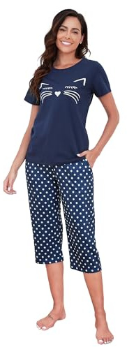 Conjunto de Pijama de Mujer Algodón Manga Corta y Pantalones 3/4 Dos Piezas Gato Estampado Cuello Redondo Top y Pantalones Recortados Comodo Conjuntos para Hogar Otoño Suave Pjs Loungewear Casual