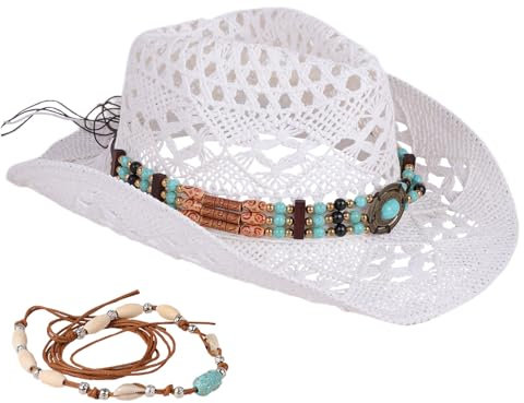 Cowboyhut für Herren und Damen, aus Stroh, Westernhut, formbare Krempe, Strand, Cowboyhut, Cowgirlhut, gewebter Sonnenhut, zwei dekorative Bänder, Weiss/opulenter Garten, Einheitsgröße-M