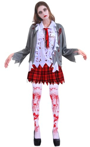 IWTBNOA Disfraz de zombi de colegiala sangrienta para mujer y niña, disfraz de Halloween para mujer, disfraz de zombi, estudiante, Halloween, espeluznante, estudiante, temática de fiesta, eventos