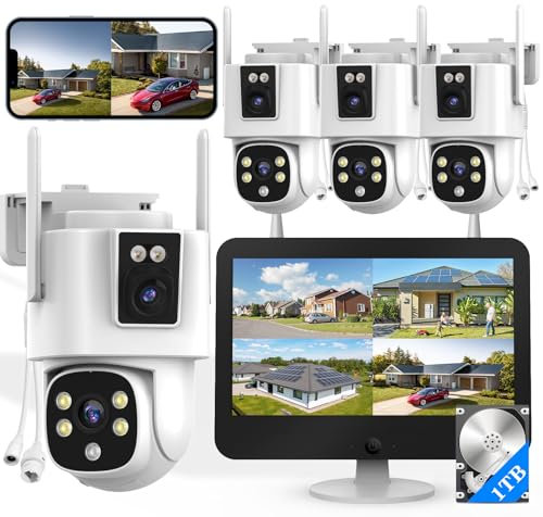 Wireless Outdoor Security Camera System, Wkkengd Dual Lens Dual Screen Auto Tracking 4 Home Surveillance Camera Set 12.5 Monitor 1TB 10CH NVR Color Night Vision 2 Way Audio Wi-Fi 6 Alexa Compatible