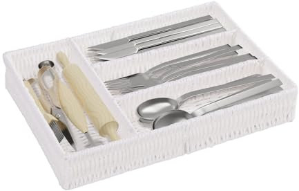 Yawinhe Organizador Tejido de Cubiertos, Cubertero para Cajones, Versátil Cajón de Cocina, para Cucharas, Tenedores, Hecho de Cuerda de Papel, 35x25x5.5cm, Lot de 1, Blanco