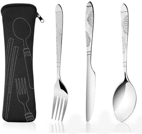 RAMGLYO 3-pièces Ensemble de Couverts de Camping en Acier Inoxydable - Couverts Légers, Compactes et Durables pour Plein Air, Camping et Pique-niques