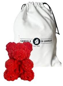 Candela a forma di orsetto con petali - Sacchetto regalo - Candela artigianale - Diametro 8 cm altezza 10 cm - Regalo San Valentino - Bomboniera - Colore Rosso