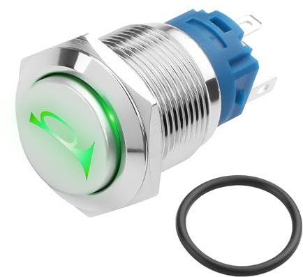 YACSEJAO Bouton poussoir klaxon 12V Lumière LED verte Interrupteur marche/arrêt Clé réinitialisation Étanche IP66 Métal Pour haut-parleur moto 19mm