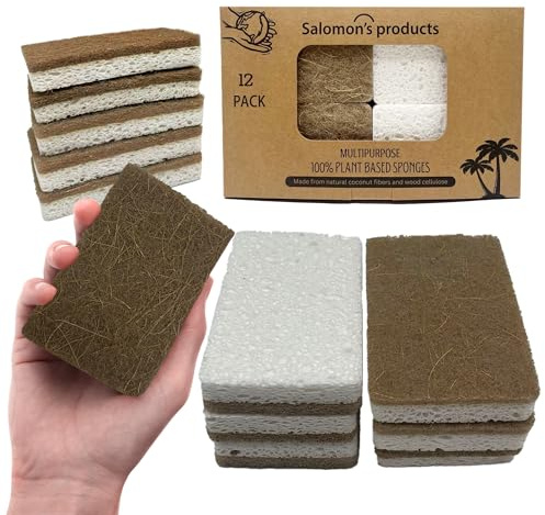 12 Pack Natural Kitchen Sponges - Biodegradable, Compostable, Sustainable Wood Cellulose & Coconut Fiber Sponge for Dishes, Quick Drying & Non Scratch Plant Based Eco Friendly Scrubber for Dishwashing