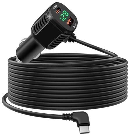 Hoembpn 60W USB C Car Charger Socket Fast Charge with LED Voltmeter Car Phone Charger Cigarette Lighter Adapter Dual PD3.0 & QC3.0with 3.5m Type C Extension Cable for iPhone Samsung iPad, Dash Cam