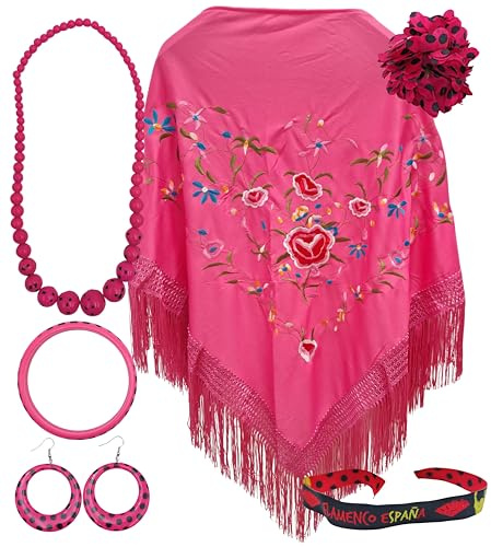 Mantón de Manila con Accesorios: Mantón de Manila con Flores Bordadas, Pinza Pelo Flor, Collar, Pulsera y Pendientes Flamencos y Pulsera de Tela.