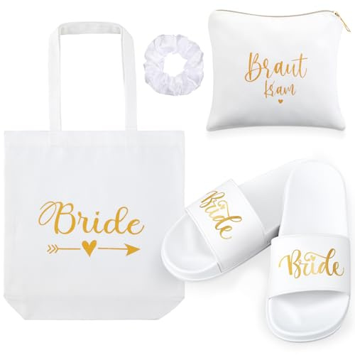 Weewooday 4er Set Brautgeschenk JGA Accessoires Frauen JGA Party Zubehör einschließlich Hausschuhe Tragetasche Kosmetiktasche Haargummis für Hochzeit Verlobung Junggesellenabschied(M (38-39))