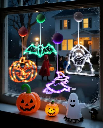 Halloween Deko Lichterkette, mit Timer und Atmung Modus, Kürbis, Schädel, Zauberin und Fledermaus Halloween Lichter, Batteriebetriebene Innenbeleuchtung, 4 Stück LED Lichtervorhang für Party Deko