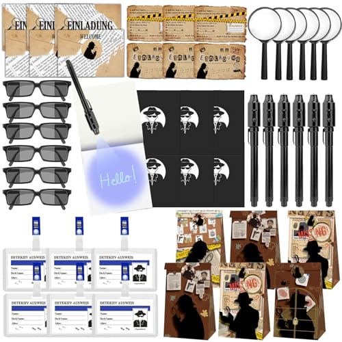 YOUYIKE Detektiv Set Kinder 56 Teile, Detektiv Geburtstag Mitgebsel mit UV Stift, Notizbuch, Lupe, Agentenbrille, Detektivausweis, Einladung, Umschlag & Aufkleber - für Detektiv Spion Rollenspiel