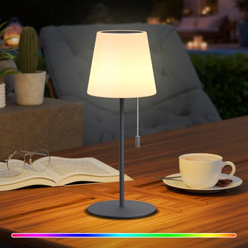 MALUX Solar Tischlampe Outdoor mit Zugschalter & Fernbedienung, Kabellos Tragbar LED Akku Tischleuchte, RGB Farbwechsel, IP44 Wasserdicht für Garten Balkon Terrasse Camping Schlafzimmer (Grau)