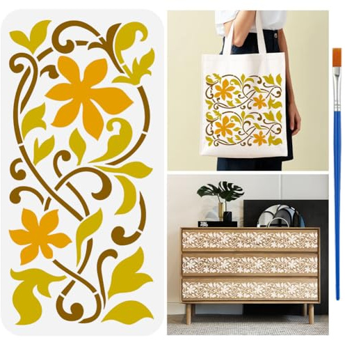 FINGERINSPIRE Stencil di Fiori di Vite con Pennello 30x15cm Stencil di Rami e Foglie Riutilizzabili Stencils di Decorazione di Viti in PET Stencils di Fiori Temi di Piante Modello per Pareti in Legno