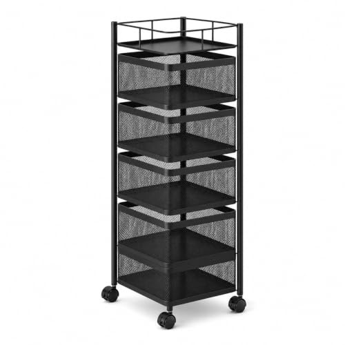 DUAS Rotating Storage Trolley – 4, 5, 6 Tier Kitchen & Bathroom Organiser with 360° Swivel Baskets – Space-Saving Metal Shelf Rack – Free-Standing with Lockable Wheels (6 Tier Square)