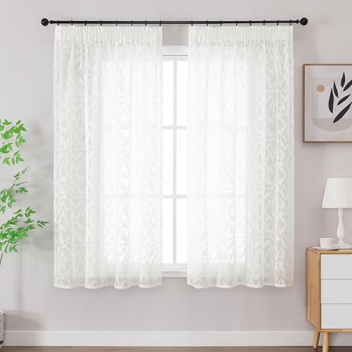 Simplebrand Leah Elfenbein Lichtdurchlässig Clip Jacquard Voile Ausbrenner Gardine mit Blätter Muster transparenter Vorhang mit Kräuselband Schrank Gardinenschals B140xH163cm 2 St