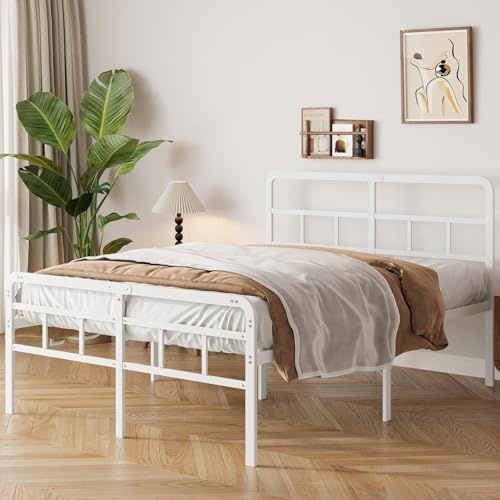Yicensen Cama 120x190 cm con cabecero y piecero, armazón de somier Matrimonio de Metal de 46 cm de Altura con Listones Resistente, Espacio de Almacenamiento Debajo de la Cama, sin Ruido, Blanco