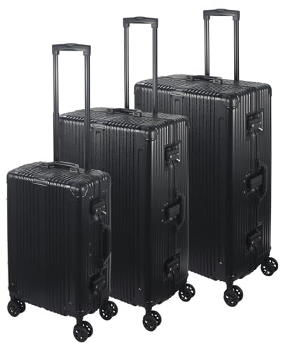 Laroqx FusionShell Aluminiumrahmen Kofferset 3-teilig, Schwarz | 57 68 77 cm, 43L 65L 110L, Rahmenbauweise, TSA-Zahlenschloss, 360-Grad-Doppelrollen, Aluminium-Teleskopgriff