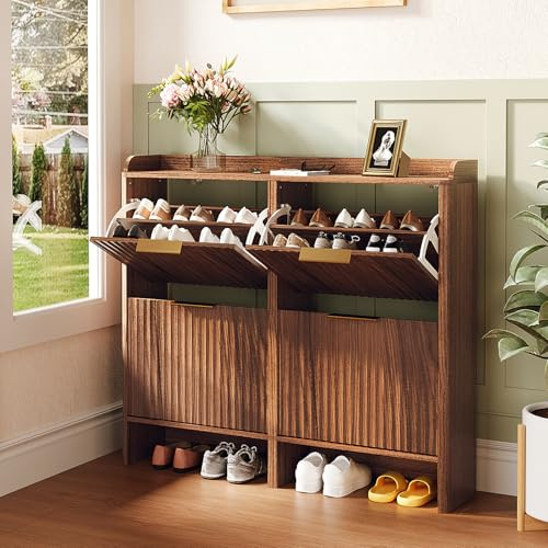 VINGLI Shoe Cabinet, Wooden Look Shoe Storage Cabinet for Hallway(Walnut) | 109cm Wide Grille Shoes Cabinet, 4 Flip-down Doors + Top Baffle, Adjustable Shelves, Anti-tip, Fits 16-24 pairs, 24cm Depth